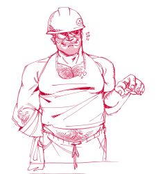 Rule 34 | 1boy, arm hair, bara, belly, chest hair, cropped legs, engineer (tf2), goggles, hairy, hard hat, helmet, highres, honeyginsen, large pectorals, male focus, mature male, midriff peek, monochrome, muscular, muscular male, navel hair, notice lines, pants, pectoral cleavage, pectorals, red theme, solo, tank top, team fortress 2