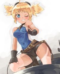 Rule 34 | 10s, 1girl, ;), bare shoulders, belt, black gloves, blonde hair, blue eyes, blush, covered navel, fingerless gloves, gloves, goggles, goggles on head, gradient background, granblue fantasy, grin, looking at viewer, naka akira, one eye closed, pengie, short hair, short shorts, short twintails, shorts, smile, solo, tan, tanline, twintails