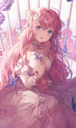 1girl, :o, ahoge, bangs, bare shoulders, blue eyes, blush, bow, breasts, bug, butterfly, cage, detached sleeves, dress, eyebrows visible through hair, flower, frilled dress, frilled sleeves, frills, from above, hair ornament, halter dress, halterneck, hand on own chest, heart, heart hair ornament, highres, insect, large breasts, long hair, looking at viewer, original, pink flower, pink hair, pink rose, purple butterfly, rose, sitting, sitting on floor, solo, sparkling eyes, teeth, ttosom, upper teeth, white dress