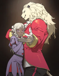 Rule 34 | 1boy, absurdres, androgynous, ascot, black background, dark-skinned male, dark elf, dark skin, dungeon meshi, elf, gloves, grabbing, head grab, highres, holding, holding hands, jacket, ju neng binggui, lion, long sleeves, looking at another, male focus, pants, pointy ears, puff and slash sleeves, puffy sleeves, purple eyes, purple tunic, red jacket, scared, short bangs, sidelocks, simple background, smile, thistle (dungeon meshi), wavy hair, white gloves, white hair, wide-eyed, winged lion (dungeon meshi)