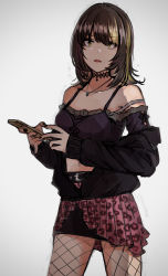 Rule 34 | 1girl, absurdres, belt, black hair, black nails, cellphone, eyes visible through hair, highres, idolmaster, idolmaster shiny colors, ikaruga luca, jewelry, looking at viewer, nail polish, navel piercing, necklace, ochiri, phone, piercing, pink skirt, simple background, sketch, skirt, solo, standing, white background, yellow eyes