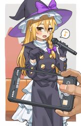 Rule 34 | 1boy, 1other, absurdres, black gloves, black jacket, blonde hair, blush, bo (bocky0w0), bow, braid, brown eyes, buttons, commentary request, cookie (touhou), cowboy shot, genderswap, genderswap (ftm), gloves, hair between eyes, hair bow, hat, hat bow, highres, holding, holding microphone, holding phone, jacket, kirisame marisa, long bangs, long hair, looking at viewer, male focus, microphone, musical note, open mouth, petticoat, phone, purple bow, rei (cookie), shirt, single braid, smile, solo focus, spoken musical note, touhou, trap, turtleneck, white shirt, witch hat