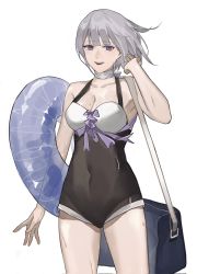 Rule 34 | 1girl, alternate costume, arm up, bag, bare shoulders, breasts, cleavage, collarbone, commentary, covered navel, english commentary, feet out of frame, girls&#039; frontline, grey hair, highres, holding, holding bag, looking at viewer, medium breasts, open mouth, purple eyes, rpk-16 (girls&#039; frontline), short hair, sidongziban, solo, standing, swimsuit, teeth, upper teeth only, wet, white background, yunnio