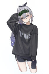 Rule 34 | 1girl, absurdres, arm up, black ribbon, black shorts, black sweater, blue hair, closed mouth, cropped legs, crossed bangs, drill hair, drill ponytail, gradient hair, grey eyes, grey hair, hair between eyes, hair ribbon, highres, holding, honkai: star rail, honkai (series), long hair, looking at viewer, mask, mask on head, multicolored hair, ood2, ponytail, ribbon, short shorts, shorts, silver wolf (honkai: star rail), simple background, sleep mask, solo, sweater, white background