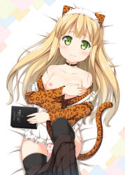 Rule 34 | 10s, 1girl, animal ears, azuki azusa, bare shoulders, black thighhighs, blonde hair, blush, book, cat ears, cat tail, choker, clothes pull, collarbone, flat chest, hentai ouji to warawanai neko., highres, holding, holding book, looking at viewer, lying, nectar (fujiya), nipples, on back, panties, skirt, skirt pull, solo, tail, thighhighs, underwear