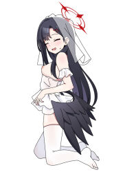 Rule 34 | 1girl, black hair, black wings, blue archive, blush, breasts, closed eyes, dress, facing viewer, feathered wings, full body, hair ornament, hairclip, halo, ichika (blue archive), kneeling, long hair, medium breasts, nipples, nyaru (nyaru 4126), open mouth, red halo, simple background, solo, thighhighs, white background, white dress, white thighhighs, wings