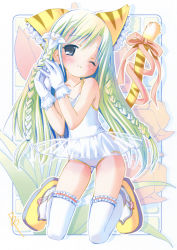 Rule 34 | 1girl, absurdres, animal ears, blush, braid, cat ears, cat tail, flat chest, floral background, flower, frilled thighhighs, frills, full body, gloves, green hair, hair flower, hair ornament, highres, kneeling, lace, lace-trimmed gloves, lace trim, lily (flower), long hair, one-piece swimsuit, one eye closed, outline, outside border, pink ribbon, pop, ribbon, school swimsuit, see-through, shoes, side braid, skirt, solo, swimsuit, tail, tail ornament, tail ribbon, thighhighs, tiger ears, tiger tail, tulip, twin braids, white gloves, white school swimsuit, white one-piece swimsuit, white thighhighs, wink, yellow footwear