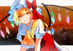 Rule 34 | 1girl, ascot, bad id, bad twitter id, blonde hair, collared shirt, crystal, fang, flandre scarlet, frilled shirt collar, frilled skirt, frilled sleeves, frills, hat, highres, mob cap, one side up, puffy short sleeves, puffy sleeves, qqqrinkappp, red eyes, red skirt, red vest, shirt, short sleeves, skirt, skirt set, slit pupils, solo, touhou, traditional media, vest, white hat, white shirt, wrist cuffs, yellow ascot