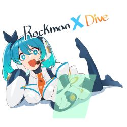 Rule 34 | 1girl, android, armor, barefoot, blue bodysuit, blue eyes, blue hair, blush, bodysuit, breasts, headphones, highres, holographic monitor, long hair, looking at viewer, lying, medium breasts, mega man x (series), mega man x dive, navigator, on stomach, open mouth, rico (mega man), short hair, side ponytail, smile, solo, white background