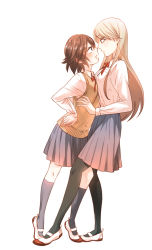 Rule 34 | 2girls, blonde hair, brown hair, eye contact, face-to-face, green eyes, hana to hoshi, hands on own hips, height difference, highres, kneehighs, long hair, looking at another, messy hair, multiple girls, orange eyes, pantyhose, profile, school uniform, shoes, simple background, socks, standing, suzukin kario, sweater vest, tiptoes, uwabaki, white background