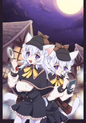 Rule 34 | 2girls, absurdres, animal ears, bag, book, building, capelet, cat ears, cat girl, cat tail, cowboy shot, deerstalker, detective, fang, full moon, glasses, hat, highres, holding, holding book, holding magnifying glass, holding pencil, house, kmy-3 (kumayu), lace, lace-trimmed skirt, lace trim, long hair, long sleeves, magnifying glass, moon, moonlight, multiple girls, neck ribbon, night, night sky, open mouth, original, outdoors, pencil, pince-nez, purple eyes, ribbon, short hair, shoulder bag, skirt, sky, smile, star (sky), starry sky, tail, thighhighs, white hair