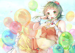 Rule 34 | 1girl, absurdres, balloon, belt, blue sky, breasts, brooch, commentary, crop top, frilled skirt, frills, goggles, goggles on head, green eyes, green hair, gumi, hand on headphones, hand on own chest, headphones, headset, highres, jewelry, layered skirt, leaning to the side, light blush, mai mugi, medium breasts, open mouth, orange skirt, orange vest, outdoors, red goggles, short hair with long locks, sidelocks, signature, skirt, sky, solo, upper body, vest, vocaloid, wrist cuffs, yellow skirt