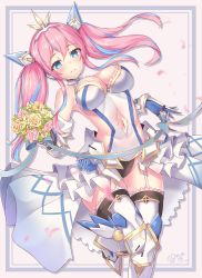 Rule 34 | 1girl, absurdres, armor, armored boots, armpits, bad id, bad pixiv id, bare shoulders, black panties, blue eyes, blue hair, blurry, blush, boots, bouquet, breasts, chunithm, cleavage, clothing cutout, commentary, crown, faulds, floating hair, flower, garter straps, hair ornament, highres, holding, holding bouquet, huge filesize, large breasts, long hair, looking at viewer, multicolored hair, mushpz, navel, navel cutout, panties, parted lips, petals, pink flower, pink hair, revealing clothes, rose, selene cheryl (chunithm), showgirl skirt, signature, skirt, smile, solo, thighhighs, twintails, two-tone hair, underwear, white skirt, yellow flower
