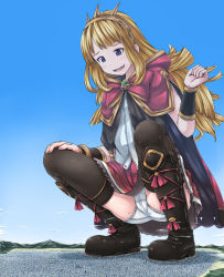 Rule 34 | 10s, 1girl, black thighhighs, blonde hair, blush, boots, cagliostro (granblue fantasy), cameltoe, cape, city, crown, day, destruction, evil smile, giant, giantess, granblue fantasy, highres, huge giantess, long hair, looking down, open mouth, panties, pantyshot, purple eyes, ribbon, skirt, sky, smile, solo, squatting, terada ochiko, thighhighs, underwear, white panties