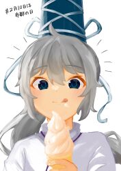 Rule 34 | 1girl, :q, ahoge, blue hat, commentary request, dated, food, grey eyes, grey hair, hat, highres, ice cream, mononobe no futo, moriya210, simple background, solo, tate eboshi, tongue, tongue out, touhou, upper body, white background