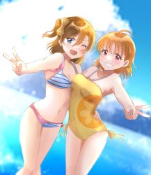 Rule 34 | 2girls, ;), artist name, artist request, bare legs, bare shoulders, bikini, blue eyes, blue sky, blush, bow, braid, breasts, casual one-piece swimsuit, cleavage, cloud, collarbone, criss-cross halter, day, female focus, floating hair, hair between eyes, hair bow, halterneck, highres, kosaka honoka, looking at viewer, love live!, love live! school idol festival, love live! school idol project, love live! sunshine!!, medium breasts, multiple girls, o-ring, o-ring swimsuit, ocean, one-piece swimsuit, one eye closed, orange hair, outdoors, parted lips, red eyes, short hair, side-tie bikini bottom, side-tie swimsuit, side braid, side ponytail, sky, small breasts, smile, striped bikini, striped clothes, swimsuit, takami chika, white bikini, wink, yellow bow, yellow one-piece swimsuit