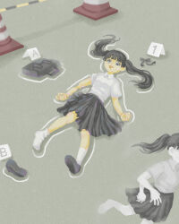 Rule 34 | 2girls, absurdres, bag, black bow, black eyes, blunt bangs, bow, broken arm, chalk outline, collared shirt, colored skin, commentary request, corpse, crying, crying with eyes open, drooling, dual persona, empty eyes, evidence markers, extra arms, floating hair, from above, full body, highres, lazy eye, long hair, lying, monoko, multiple girls, niwasakino daei, on back, on ground, open mouth, pleated skirt, running, school bag, shirt, shoes, short sleeves, single loose sock, single shoe, skirt, smile, socks, solo focus, tears, traffic cone, twintails, white shirt, white skin, white socks, yume nikki