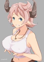 Rule 34 | 1girl, bare arms, bare shoulders, between breasts, blush, breast hold, breast lift, breasts, cleavage, collarbone, covered erect nipples, draph, granblue fantasy, grey background, grin, horns, jewelry, karva (granblue fantasy), kichihachi, large breasts, looking at viewer, messy hair, midriff, navel, necklace, pendant, pink hair, pointy ears, shiny skin, shirt, short hair, simple background, smile, solo, tank top, tareme, twitter username, upper body, white shirt