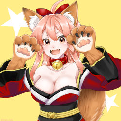 Rule 34 | 1girl, animal ear fluff, animal ears, animal hands, bare shoulders, bell, blush, breasts, cat paws, cleavage, collar, collarbone, commentary, commentary request, detached sleeves, fangs, fate/grand order, fate (series), fox ears, fox girl, fox tail, gloves, hair ribbon, highres, japanese clothes, jingle bell, kimono, large breasts, long hair, looking at viewer, minatsuki lisa, neck bell, open mouth, paw gloves, pink hair, ponytail, red kimono, red ribbon, ribbon, solo, tail, tamamo (fate), tamamo cat (fate), tamamo cat (first ascension) (fate), yellow eyes