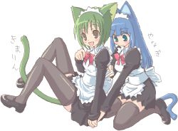 Rule 34 | 2girls, :d, animal ears, aqua eyes, black thighhighs, blue hair, blush stickers, cat ears, cat girl, cat tail, dress, green hair, holding hands, kimarin, kimimarinet, long sleeves, maid, maid headdress, mary janes, multiple girls, oekaki, open mouth, original, ribbon, shoes, simple background, smile, tail, thighhighs, translated, white background, yellow eyes, zettai ryouiki