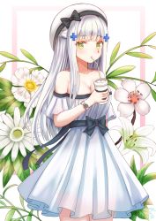 Rule 34 | 1girl, bad id, bad pixiv id, bare shoulders, blunt bangs, blush, breasts, casual, cleavage, cowboy shot, cup, dress, drinking, facial mark, flower, girls&#039; frontline, green eyes, hair ornament, hat, highres, hk416 (girls&#039; frontline), holding, holding cup, large breasts, long hair, looking at viewer, off-shoulder dress, off shoulder, ryn (rinorea), signature, silver hair, solo, teardrop, very long hair, white dress, white flower, white hat