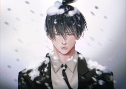 Rule 34 | 1boy, black jacket, black necktie, chainsaw man, closed eyes, collared shirt, formal, hayakawa aki, highres, jacket, long hair, ndsoda, necktie, shirt, short hair, simple background, snow, snow on body, snow on head, solo, suit, topknot, white background, white shirt