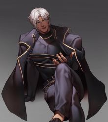 Rule 34 | 1boy, abs, artist name, belt, coat, commission, elbow gloves, gloves, highres, jouvru, crossed legs, looking at viewer, male focus, muscular, muscular male, original, pants, pectorals, scar, shirt, solo, t-shirt, tight clothes, white hair, yellow eyes