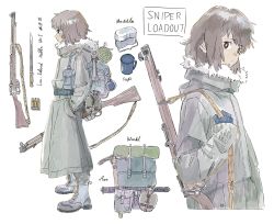 Rule 34 | 1girl, absurdres, backpack, bag, bayonet, black eyes, blanket, bolt action, boots, brown hair, canteen, character sheet, coat, commentary request, cup, english text, fur trim, gloves, gun, gun on back, hand in pocket, highres, holding, holding gun, holding weapon, lee-enfield, mess kit, multiple views, original, pickaxe, pouch, rifle, sakurada22, short hair, trench coat, weapon, weapon on back, white background