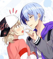 Rule 34 | 1boy, 1girl, aoyagi touya, azusawa kohane, baseball cap, blue eyes, blue hair, blush, brown eyes, commentary request, dark blue hair, eye contact, floral background, food, hair between eyes, hat, heart, highres, hizaki sui, holding, holding food, hood, hood down, hooded jacket, jacket, light brown hair, long sleeves, looking at another, marshmallow, mole, mole under eye, multicolored hair, open mouth, partial commentary, project sekai, purple hood, short hair, short twintails, split-color hair, star (symbol), twintails, two-tone hair, upper body