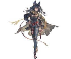 Rule 34 | 1girl, animal ears, asymmetrical clothes, belt, black bodysuit, black hair, bodysuit, breasts, buttons, cape, cleavage, cleavage cutout, cloak, closed mouth, clothing cutout, earrings, erune, full body, granblue fantasy, high-waist pants, ilsa (granblue fantasy), jewelry, lips, long hair, long sleeves, looking at viewer, minaba hideo, nail polish, official art, pants, skin tight, standing, thigh strap, toeless footwear, toes, torn clothes, transparent background, weapon