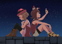 Rule 34 | 2girls, back-to-back, bare arms, bike shorts, bike shorts under shorts, black legwear, blue ribbon, blush, boots, bow hairband, brown footwear, brown hair, closed eyes, commentary, commission, creatures (company), dress, from side, game freak, hairband, hat, highres, holding, may (pokemon), multiple girls, neck ribbon, night, nintendo, outdoors, own hands together, parted lips, pixiv commission, pokemon, pokemon (anime), pokemon oras, pokemon xy (anime), red hairband, ribbon, serena (pokemon), shirt, shoes, short hair, shorts, sitting, sky, sleeveless, sleeveless shirt, smile, star (sky), stone wall, suitenan, thighhighs, wall, yellow footwear