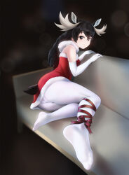Rule 34 | 1girl, absurdres, alternate costume, animal ears, antlers, bare shoulders, beleven, brown eyes, brown hair, couch, dress, elbow gloves, extra ears, feet, foreshortening, fur collar, fur trim, gloves, hair between eyes, highres, horns, kemono friends, knees together feet apart, leg ribbon, legs, long hair, looking at viewer, moose (kemono friends), moose ears, moose girl, moose tail, no shoes, on couch, pantyhose, red dress, ribbon, santa costume, sidelocks, soles, solo, tail, toes, white fur, white gloves, white pantyhose