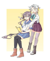Rule 34 | 2girls, absurdres, akebono (kancolle), akishimo (kancolle), aqua neckwear, asymmetrical hair, bell, black legwear, blue sailor collar, blue skirt, book, boots, brown hair, closed eyes, cross-laced footwear, dress, flower, gradient hair, grey legwear, hair bell, hair between eyes, hair flower, hair ornament, highres, holding, holding book, jingle bell, kantai collection, kazh (kazu), lace-up boots, leaf hair ornament, long hair, long sleeves, multicolored hair, multiple girls, open mouth, ponytail, purple dress, purple eyes, purple hair, sailor collar, school uniform, serafuku, short sleeves, silver hair, simple background, sitting, skirt, standing, thighhighs, two-tone background
