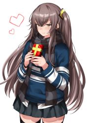 Rule 34 | 1girl, bad id, bad pixiv id, black skirt, blue stripes, box, brown eyes, commentary, eyelashes, fmtk102030, gift, gift box, girls&#039; frontline, grey hair, hair between eyes, heart, highres, long hair, long sleeves, looking at viewer, official alternate costume, scar, scar across eye, scar on face, scarf, shirt, sidelocks, skirt, solo, striped clothes, striped scarf, striped shirt, ump45 (&quot;just this time.&quot;) (girls&#039; frontline), ump45 (girls&#039; frontline), valentine, watch