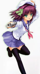 Rule 34 | 1girl, :d, absurdres, angel beats!, arm up, black footwear, black hairband, black thighhighs, bow, collarbone, firing at viewer, floating hair, full body, green bow, green eyes, gun, hair between eyes, hair bow, hairband, hand on headwear, hat, highres, holding, holding gun, holding weapon, loafers, long hair, long sleeves, miniskirt, na-ga, open mouth, outstretched arm, pink neckwear, pleated skirt, purple hair, purple sailor collar, purple skirt, sailor collar, sailor shirt, school uniform, serafuku, shirt, shoes, simple background, skirt, smile, solo, standing, standing on one leg, thighhighs, weapon, white background, white headwear, white shirt, nakamura yuri, zettai ryouiki