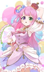 Rule 34 | 1girl, absurdres, arm up, blush, bouquet, candy hair ornament, crescent, crescent earrings, dress, earrings, flower, food-themed hair ornament, green eyes, hair ornament, heterochromia, highres, himemori luna, himemori luna (1st costume), holding, holding bouquet, hololive, jewelry, long hair, looking at viewer, melerdon, open mouth, pink dress, pink hair, purple eyes, sidelocks, solo, virtual youtuber