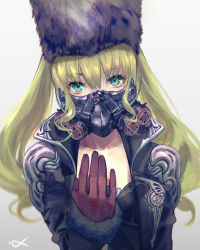 Rule 34 | 1girl, black hat, black jacket, blonde hair, breasts, code vein, covered mouth, csyday, fur-trimmed sleeves, fur hat, fur trim, gas mask, gloves, green eyes, grey background, hat, jacket, long hair, long sleeves, looking at viewer, mask, mia karnstein, red gloves, respirator, solo, twintails, upper body