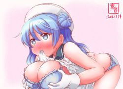 Rule 34 | 10s, 1girl, 2015, ass, blue bra, blue eyes, blue hair, blue panties, blush, bow, bow bra, bra, breasts, cleavage, clothes in mouth, commentary request, dated, double bun, female focus, full-face blush, gloves, gradient background, hair bun, hands on breasts, hands on own chest, hat, heart, heart-shaped pupils, highres, kanon (kurogane knights), kantai collection, lace, lace-trimmed bra, lace trim, large breasts, long hair, matching hair/eyes, mouth hold, no pants, panties, ribbon, sailor hat, shirt in mouth, simple background, solo, symbol-shaped pupils, underwear, urakaze (kancolle), white background, white gloves, white hat