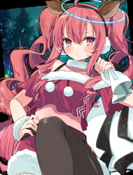 1girl :/ ahoge animal_ears antlers belt bemani black_belt black_leggings blue_halo blush breasts christmas deer_ears dress earmuffs fur-trimmed_dress fur_choker fur_cuffs fur_trim grace_(sound_voltex) halo hand_on_own_hip highres holding holding_sack horns kasane_(cynthia) leggings long_hair looking_at_viewer midriff off_shoulder pink_eyes pink_hair red_shirt reindeer_antlers sack santa_costume shirt shoulder_strap solo sound_voltex twintails very_long_hair