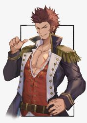 Rule 34 | 1boy, abs, beard, belt, blue eyes, brown hair, collared jacket, collared shirt, darkavey, epaulettes, facial hair, fate/grand order, fate (series), hand on own hip, highres, jacket, long sideburns, long sleeves, looking at viewer, pectoral cleavage, male focus, military, military uniform, muscular, napoleon bonaparte (fate), one eye closed, open clothes, open jacket, open shirt, pants, pectorals, pointing, pointing at self, scar, shirt, sideburns, simple background, smile, solo, uniform