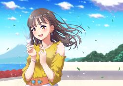 Rule 34 | 1girl, bracelet, braid, breasts, brown eyes, brown hair, cloud, cloudy sky, collarbone, commentary, detached sleeves, earrings, falling leaves, feathers, holding, holding feather, inami anju, jewelry, leaf, long hair, love live!, love live! sunshine!!, medium breasts, necklace, qy73, real life, side braid, side brain, sky, solo, voice actor, voice actor connection