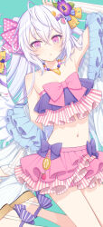 Rule 34 | 1girl, azusa (blue archive), azusa (swimsuit) (blue archive), bikini, blue archive, blush, bow, flat chest, flower, frilled bikini, frills, grey hair, hair between eyes, hair bow, hair flower, hair ornament, highres, jewelry, long hair, looking at viewer, necklace, official alternate costume, parted lips, pink bikini, pink bow, pink eyes, purple bikini, purple flower, sandals, solo, swimsuit, tobade (tbdfactory)