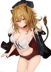 Rule 34 | 1girl, absurdres, ahoge, animal ears, arknights, armpits, breasts, brown eyes, cleavage, commentary request, cowboy shot, crop top, cutoffs, female focus, groin, highres, large breasts, lion ears, long hair, looking at viewer, midriff, mouth hold, navel, no bra, red shorts, see-through, shirt, short shorts, shorts, siege (arknights), simple background, sleeveless, sleeveless shirt, solo, stomach, thigh gap, thighs, uiri-na, white background, white shirt