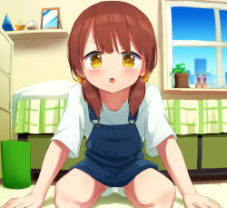 Rule 34 | 1girl, arm support, bad id, bad pixiv id, bed, bedroom, brown eyes, brown hair, dress, hoshizora ayase, indoors, kneeling, leaning forward, long hair, looking at viewer, low twintails, open mouth, original, pillow, plant, potted plant, shelf, shirt, short dress, socks, solo, twintails, white footwear, white shirt, window