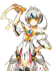 Rule 34 | 1girl, bare shoulders, bracelet, braid, choker, closed mouth, code: empress (elsword), cowboy shot, dress, elsword, eve (elsword), expressionless, food, forehead jewel, gold trim, hand on own hip, holding, holding food, jewelry, looking at viewer, official art, pizza, ress, short hair, solo, thighhighs, transparent background, white hair, yellow eyes, yellow neckwear, zettai ryouiki