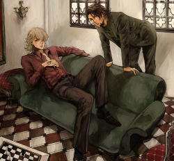 Rule 34 | 10s, 2boys, barnaby brooks jr., blonde hair, board game, brown eyes, brown hair, chair, chess, couch, facial hair, formal, green eyes, green upholstery, kaburagi t. kotetsu, male focus, multiple boys, ourobunny, red upholstery, scenery, stubble, suit, tattoo, tiger &amp; bunny, tile floor, tiles, yuzupon (asakawa)
