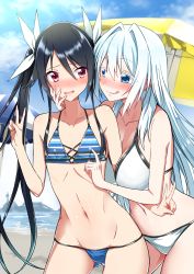 Rule 34 | 2girls, :q, beach, bikini, black hair, blue bikini, blue eyes, blue sky, blush, breasts, closed mouth, cloud, day, double v, flat chest, hair ribbon, highres, large breasts, long hair, multiple girls, navel, ocean, open mouth, ore twintail ni narimasu, outdoors, parasol, red eyes, ribbon, sky, smile, swimsuit, tongue, tongue out, tsube aika, twintails, twoearle, umbrella, v, white bikini, white hair, white ribbon, yuri, yuto (dialique)