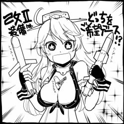 Rule 34 | 1girl, ahoge, breasts, cleavage, elbow gloves, female focus, fingerless gloves, gloves, greyscale, hat, headgear, honest axe, iowa (kancolle), kantai collection, large breasts, looking at viewer, military, missile, monochrome, open mouth, parody, sakazaki freddy, solo, star-shaped pupils, star (symbol), symbol-shaped pupils, upper body, white background