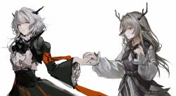 Rule 34 | 2girls, alina (arknights), animal ears, antlers, arknights, armband, ascot, black ascot, black dress, black neckerchief, collaboration, commentary, deer antlers, deer ears, deer girl, dragon girl, dragon horns, dress, grey eyes, grey hair, hair intakes, hand up, highres, holding hands, horns, joshua (shisanli934), liangban xiexu, light smile, long hair, long sleeves, looking at viewer, multiple girls, neckerchief, orange ribbon, pinafore dress, puffy sleeves, ribbon, short hair, simple background, sketch, sleeveless, sleeveless dress, talulah (arknights), upper body, white background, white dress, yuri