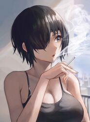 Rule 34 | 1girl, absurdres, black camisole, black hair, blue eyes, blurry, blurry background, breasts, camisole, chainsaw man, cigarette, cleavage, cozyu, highres, himeno (chainsaw man), holding, holding cigarette, large breasts, looking to the side, railing, short hair, smoke, smoking, solo